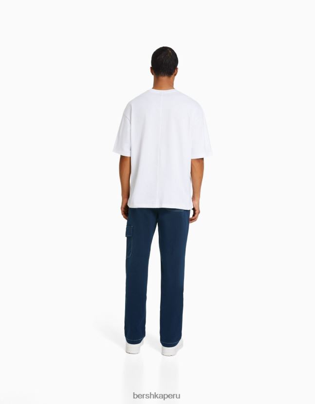 azul oscuro Bershka hombres pantalones cargo de pernera ancha con costuras en contraste 806J6B3251