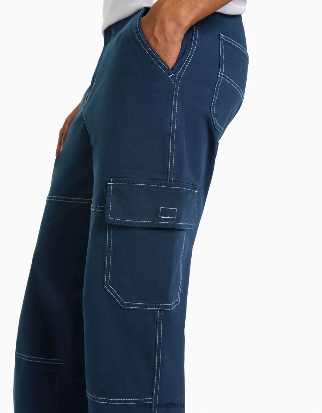 azul oscuro Bershka hombres pantalones cargo de pernera ancha con costuras en contraste 806J6B3251