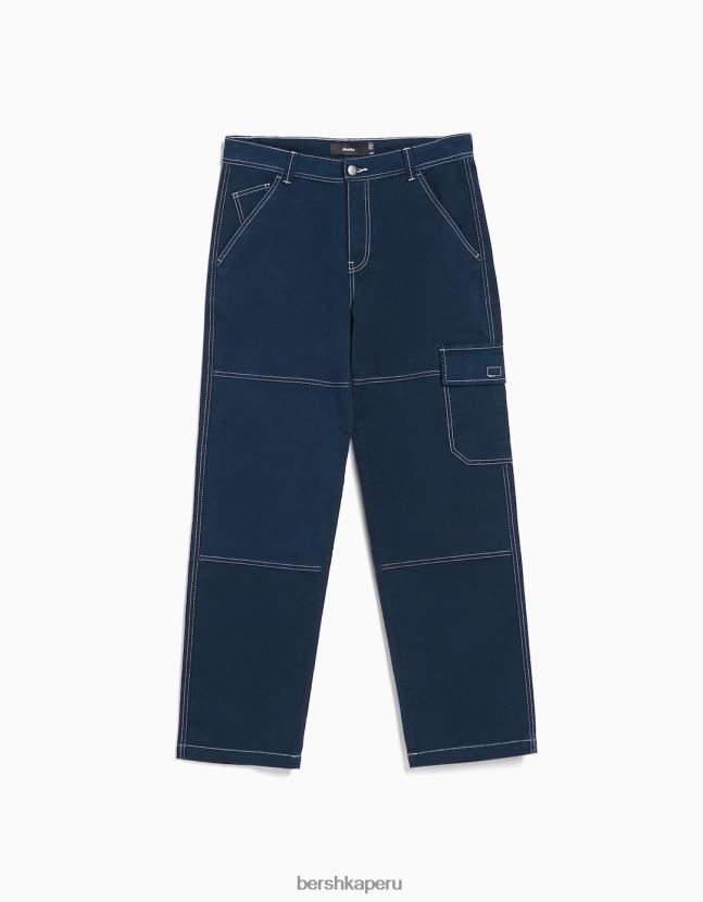 azul oscuro Bershka hombres pantalones cargo de pernera ancha con costuras en contraste 806J6B3251