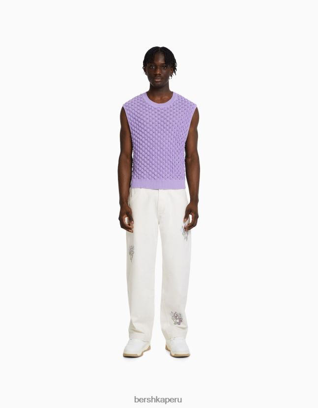 blanco Bershka hombres pantalones de algodón con bordados y rotos 806J6B3264