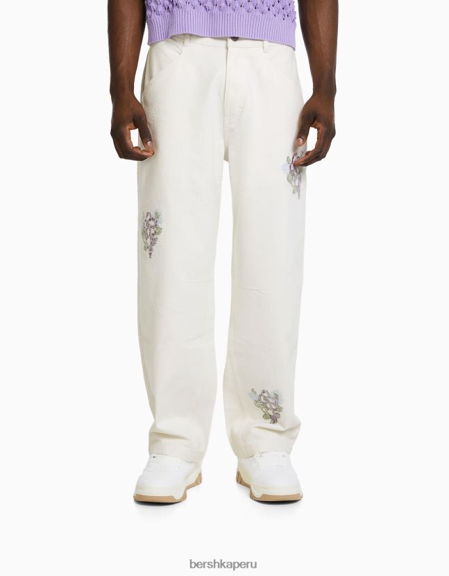 blanco Bershka hombres pantalones de algodón con bordados y rotos 806J6B3264