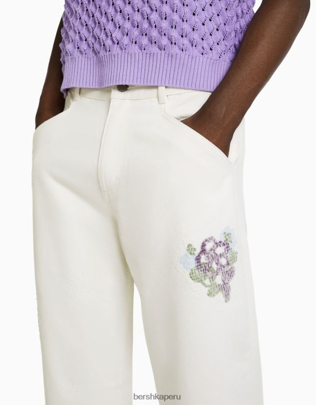 blanco Bershka hombres pantalones de algodón con bordados y rotos 806J6B3264