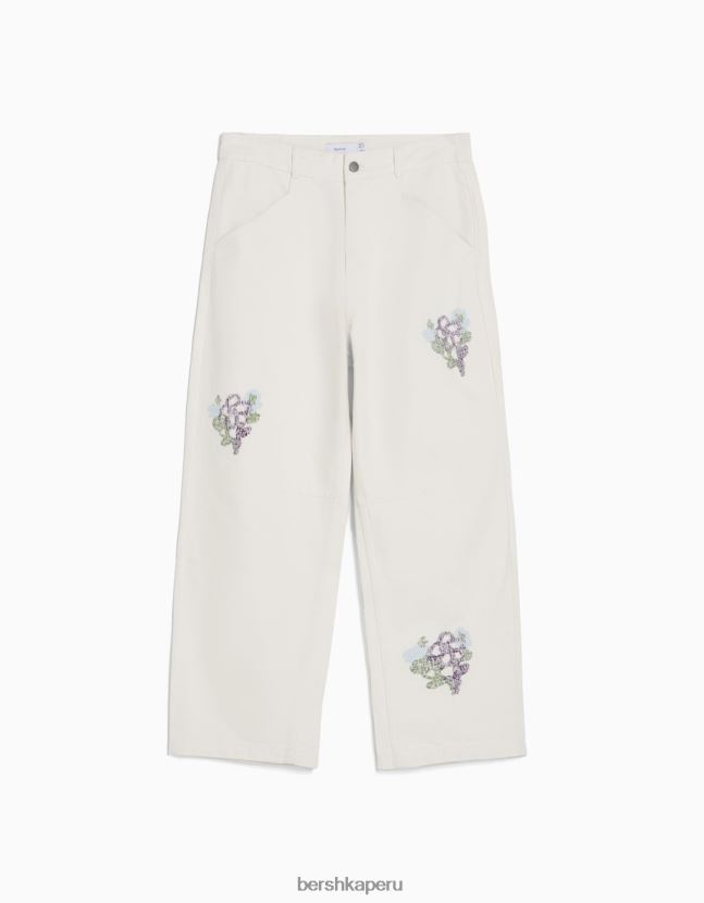 blanco Bershka hombres pantalones de algodón con bordados y rotos 806J6B3264