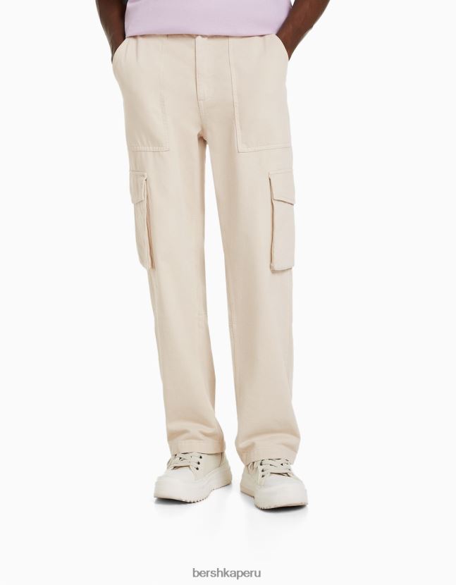 crema Bershka hombres pantalones cargo anchos de algodón 806J6B3244