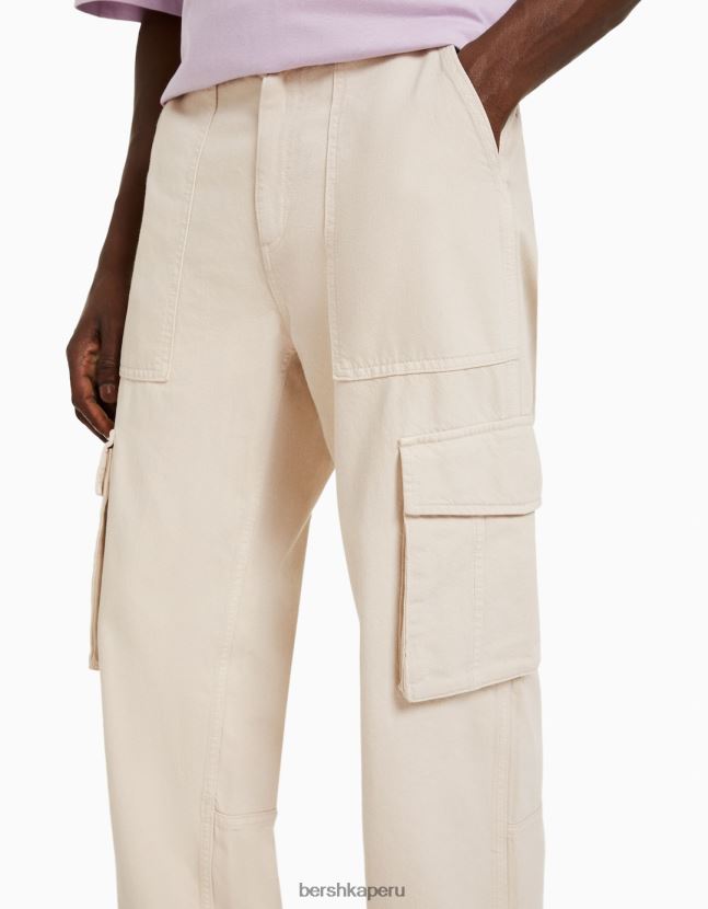 crema Bershka hombres pantalones cargo anchos de algodón 806J6B3244