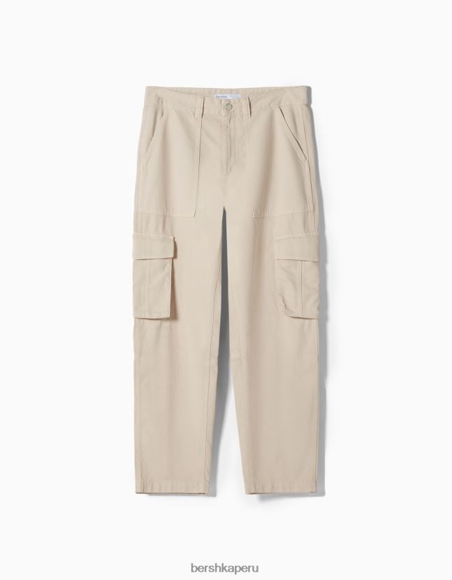 crema Bershka hombres pantalones cargo anchos de algodón 806J6B3244