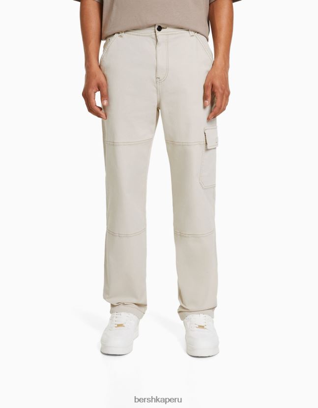 crema Bershka hombres pantalones cargo de pernera ancha con costuras en contraste 806J6B3250