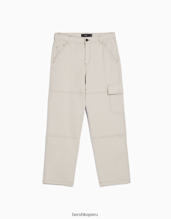 crema Bershka hombres pantalones cargo de pernera ancha con costuras en contraste 806J6B3250