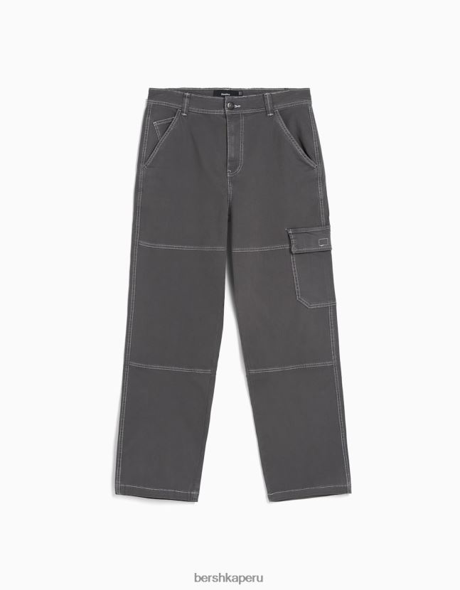 gris oscuro Bershka hombres pantalones cargo de pernera ancha con costuras en contraste 806J6B3249