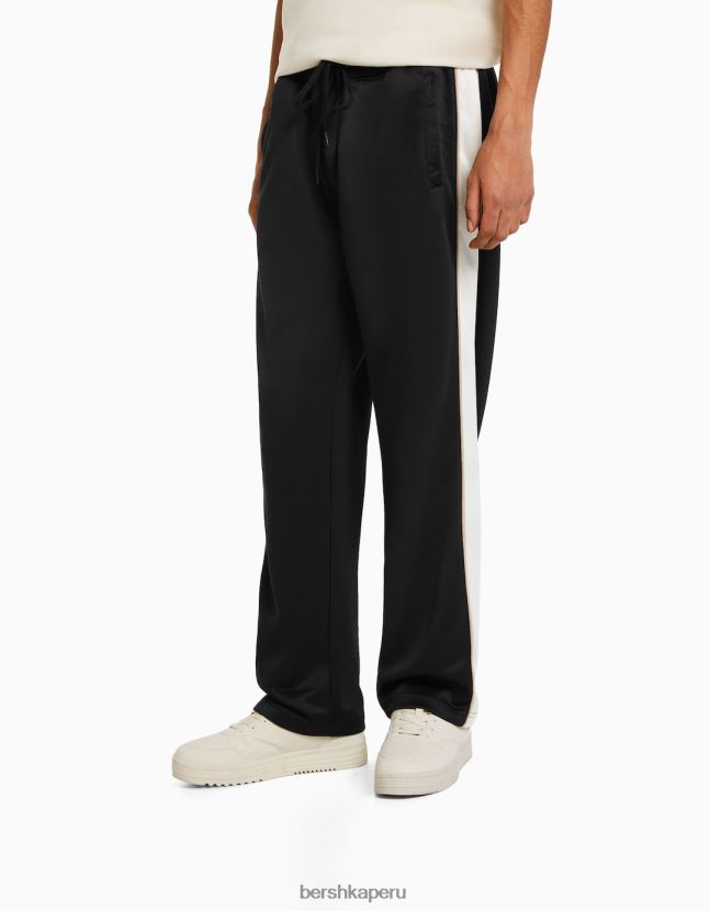 negro Bershka hombres pantalones anchos con franjas laterales entrelazadas 806J6B3237