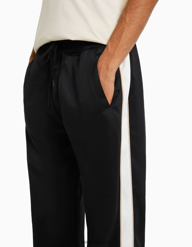 negro Bershka hombres pantalones anchos con franjas laterales entrelazadas 806J6B3237
