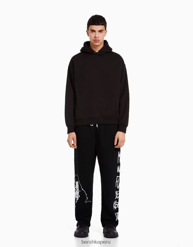 negro Bershka hombres pantalones anchos de felpa con cinturilla elástica y estampado 806J6B3238