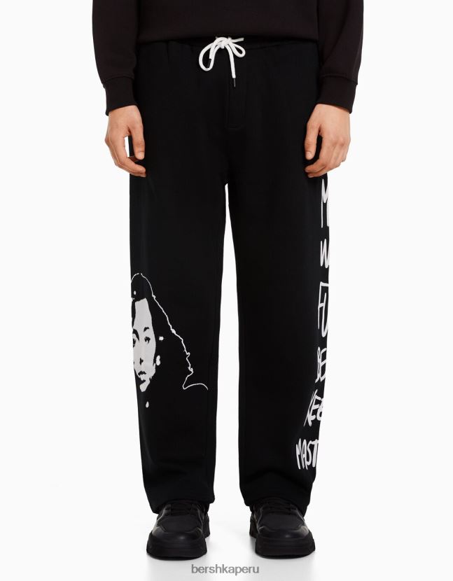 negro Bershka hombres pantalones anchos de felpa con cinturilla elástica y estampado 806J6B3238