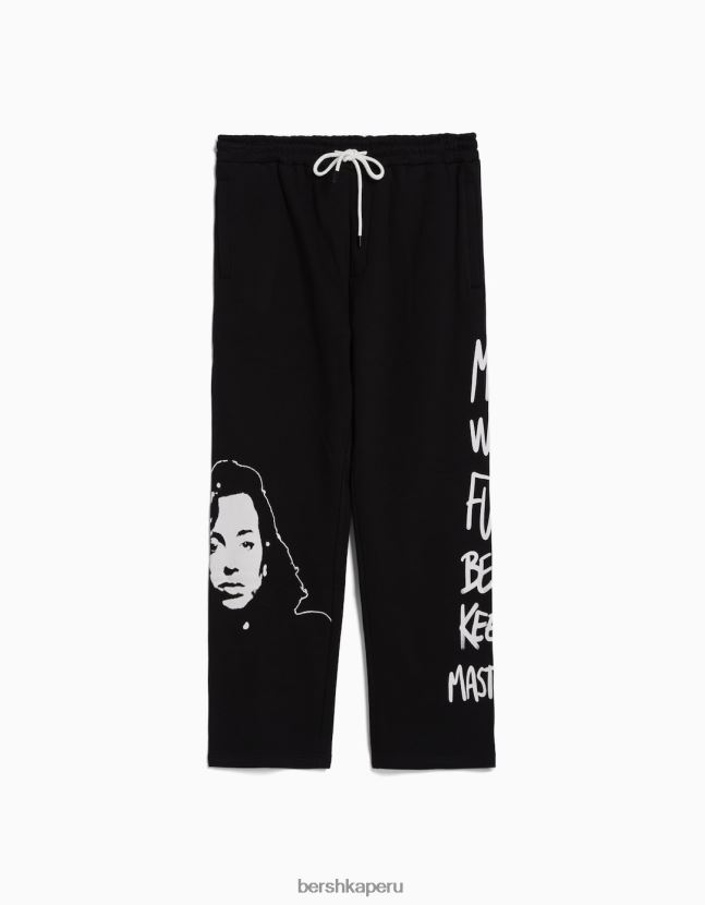 negro Bershka hombres pantalones anchos de felpa con cinturilla elástica y estampado 806J6B3238