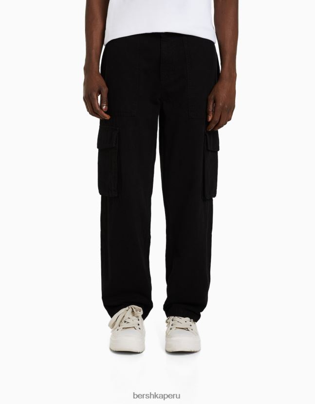 negro Bershka hombres pantalones cargo anchos de algodón 806J6B3245
