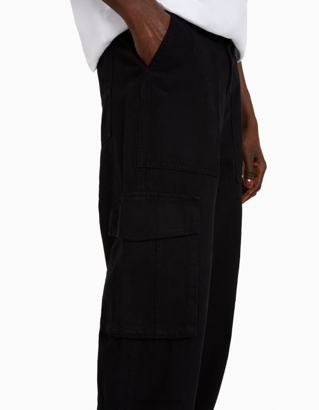 negro Bershka hombres pantalones cargo anchos de algodón 806J6B3245