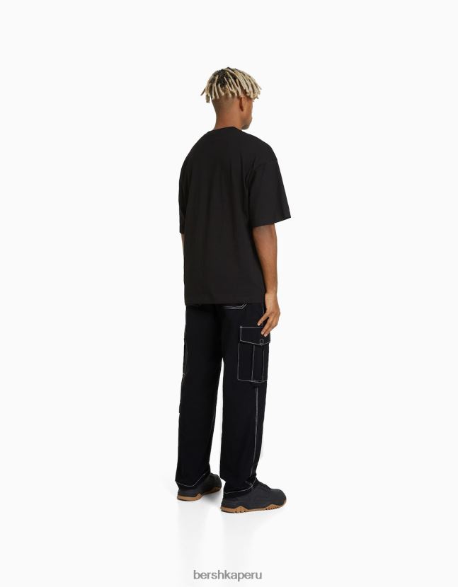 negro Bershka hombres pantalones cargo de nailon con hilo en contraste 806J6B3243
