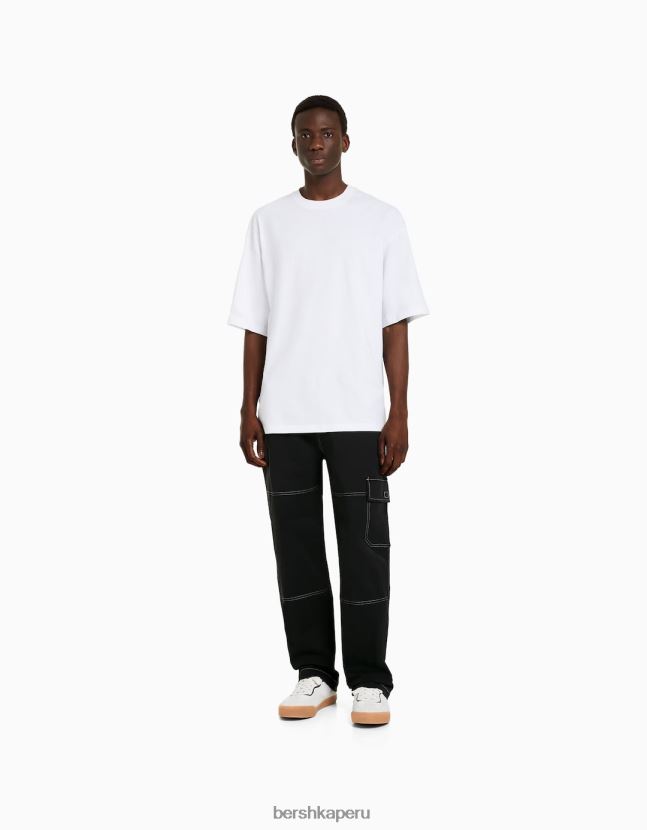 negro Bershka hombres pantalones cargo de pernera ancha con costuras en contraste 806J6B3248