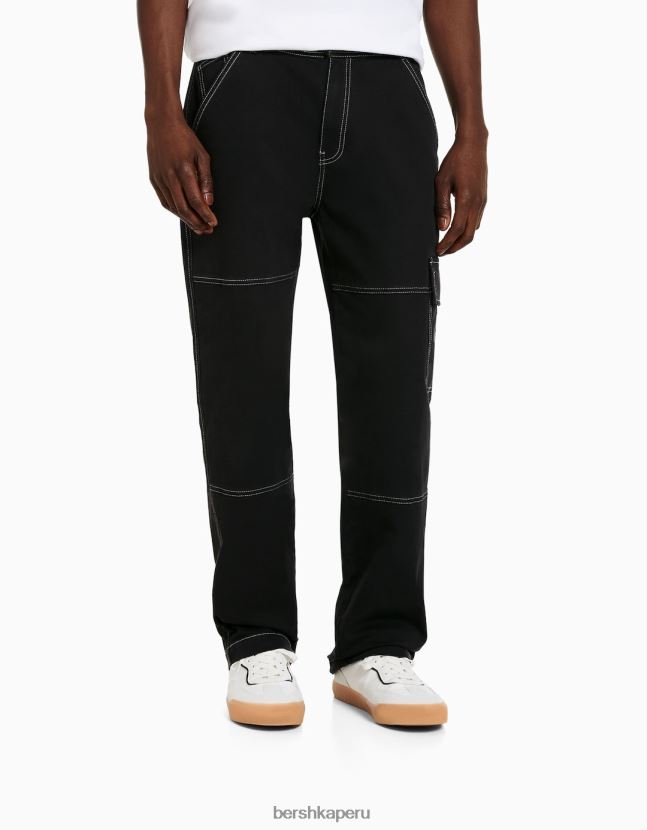negro Bershka hombres pantalones cargo de pernera ancha con costuras en contraste 806J6B3248