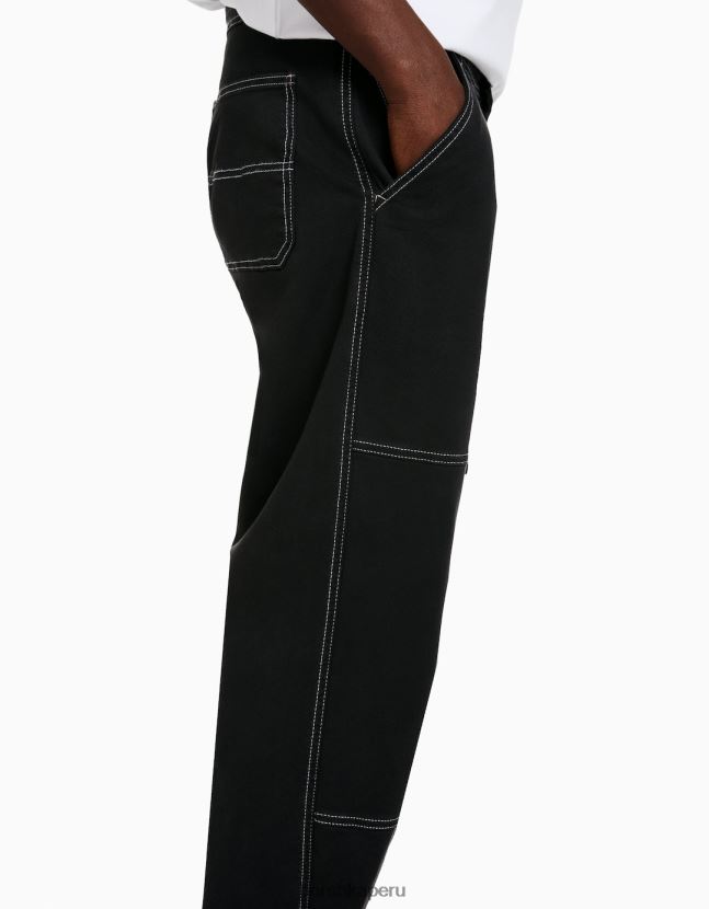 negro Bershka hombres pantalones cargo de pernera ancha con costuras en contraste 806J6B3248