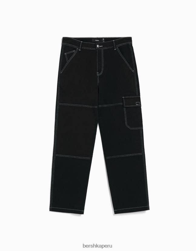 negro Bershka hombres pantalones cargo de pernera ancha con costuras en contraste 806J6B3248