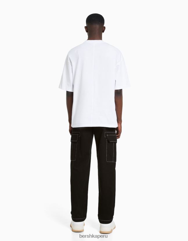 negro Bershka hombres pantalones cargo de pernera ancha con costuras en contraste 806J6B3256