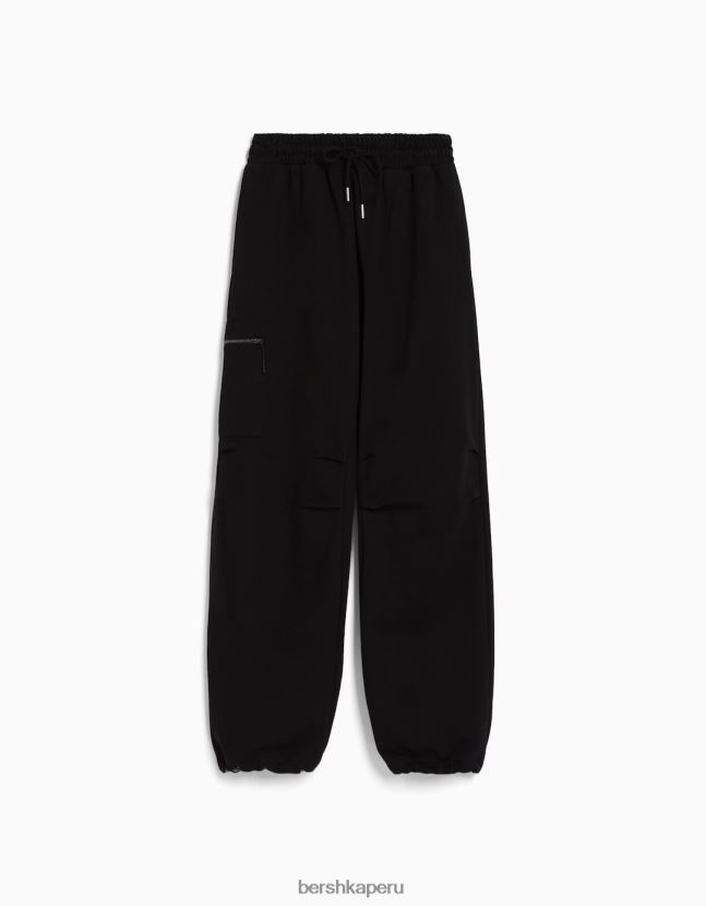 negro Bershka hombres pantalones de paracaídas de felpa con bolsillos con cremallera 806J6B3232