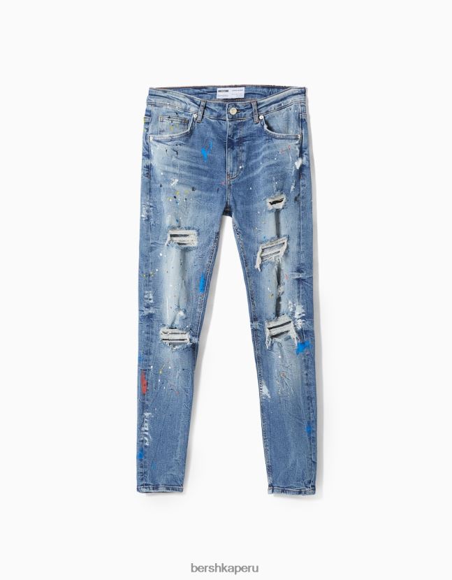 azul Bershka hombres skinny jeans rotos con salpicaduras de pintura 806J6B3172