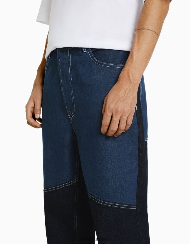 azul Bershka hombres vaqueros holgados con diseño colour block 806J6B3130