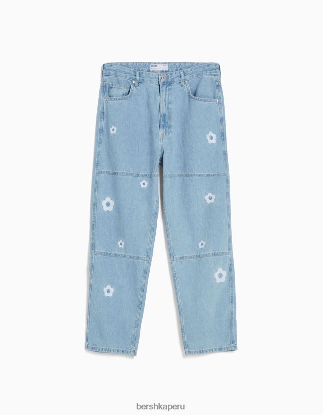 azul claro Bershka hombres jeans anchos de carpintero con bordado 806J6B3143