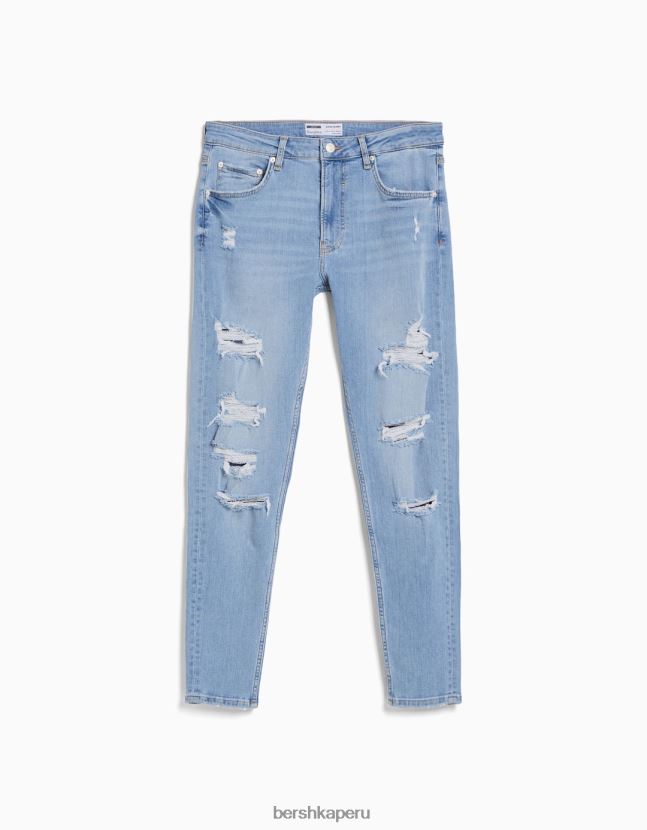 azul claro Bershka hombres vaqueros muy ajustados con rotos 806J6B3191