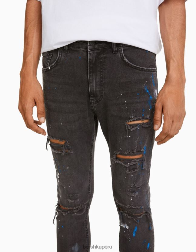 negro Bershka hombres skinny jeans rotos con salpicaduras de pintura 806J6B3171