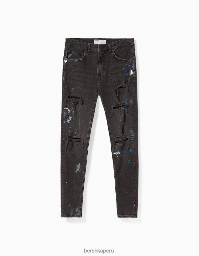 negro Bershka hombres skinny jeans rotos con salpicaduras de pintura 806J6B3171