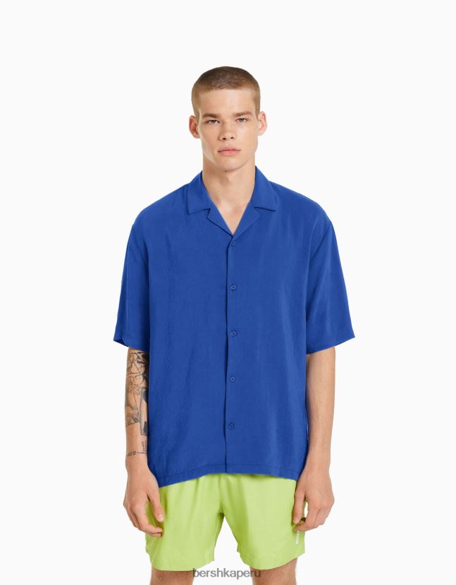 azul Bershka hombres camisa fluida de manga corta 806J6B2920