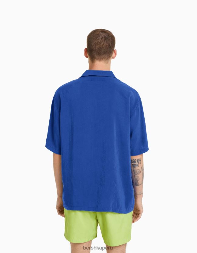 azul Bershka hombres camisa fluida de manga corta 806J6B2920