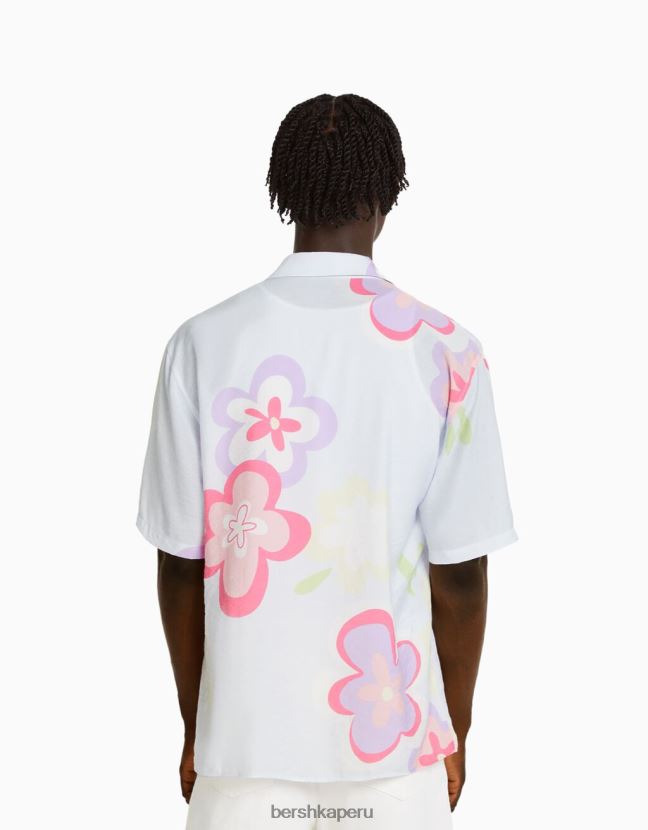 azul claro Bershka hombres camisa de manga corta con estampado floral 806J6B2867
