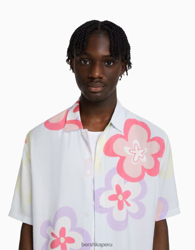 azul claro Bershka hombres camisa de manga corta con estampado floral 806J6B2867