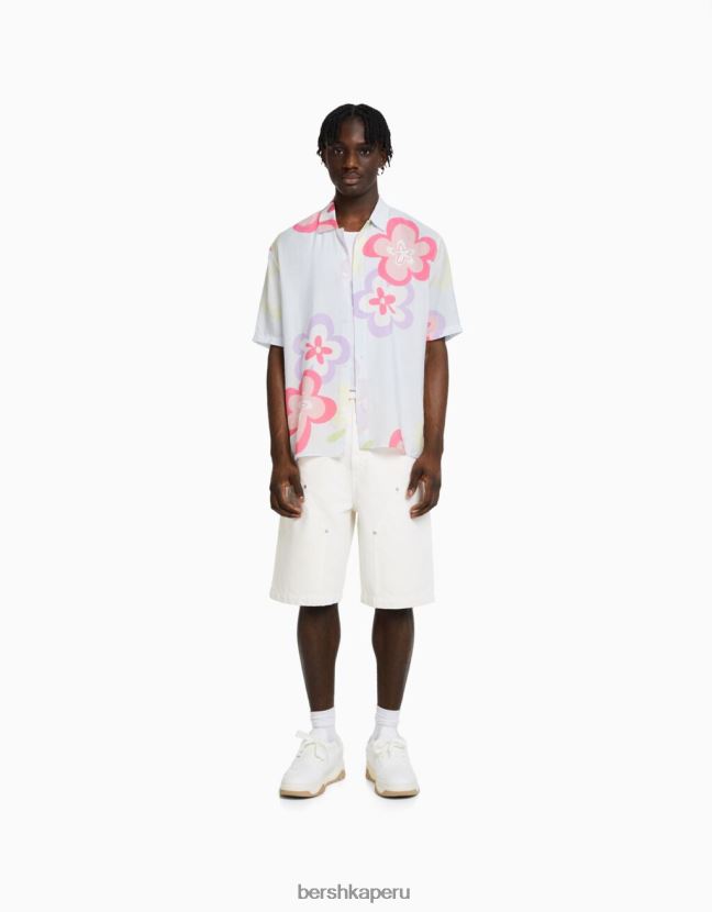 azul claro Bershka hombres camisa de manga corta con estampado floral 806J6B2867