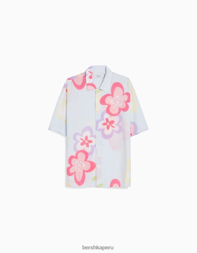 azul claro Bershka hombres camisa de manga corta con estampado floral 806J6B2867