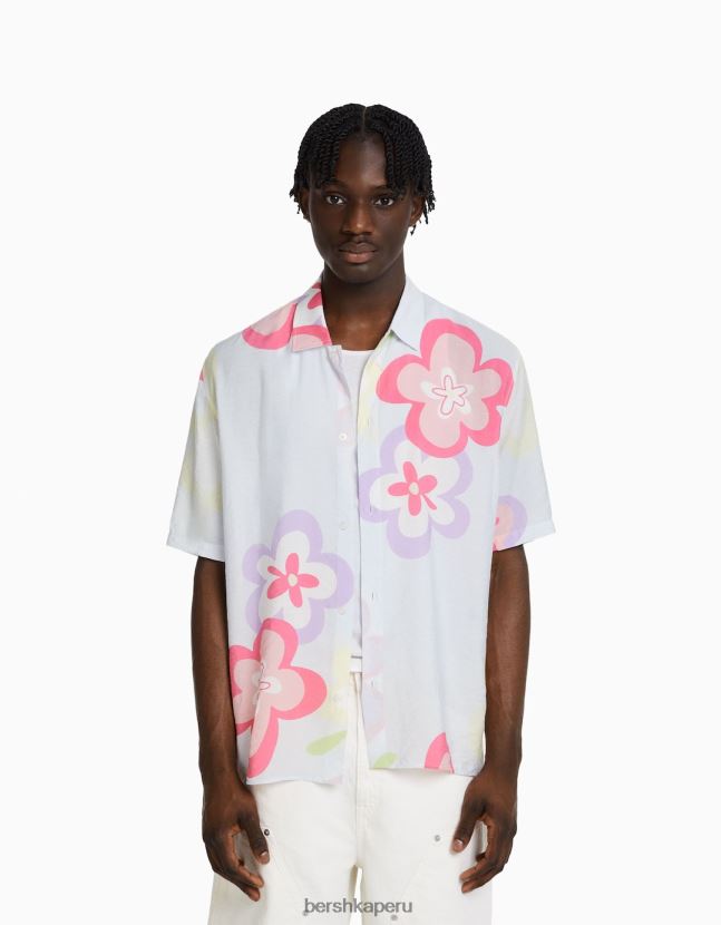 azul claro Bershka hombres camisa de manga corta con estampado floral 806J6B2869