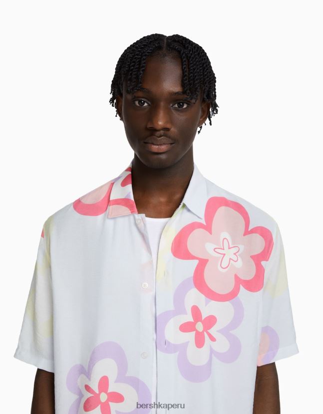 azul claro Bershka hombres camisa de manga corta con estampado floral 806J6B2869