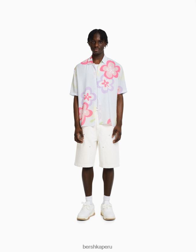 azul claro Bershka hombres camisa de manga corta con estampado floral 806J6B2869