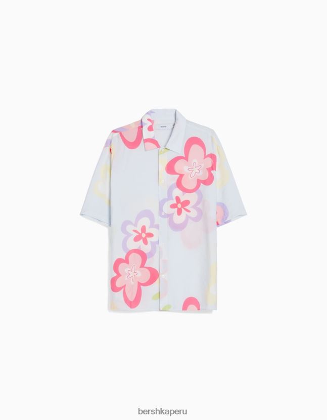 azul claro Bershka hombres camisa de manga corta con estampado floral 806J6B2869