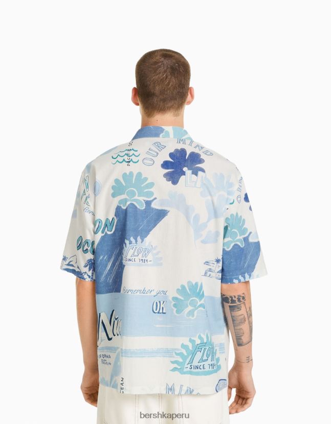 azul claro Bershka hombres camisa de manga corta estampada 806J6B2910