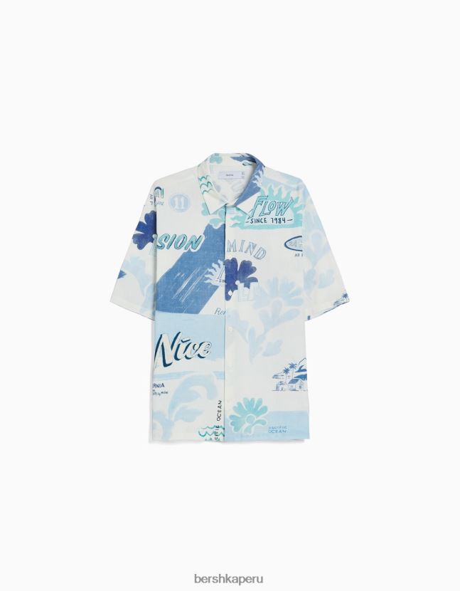 azul claro Bershka hombres camisa de manga corta estampada 806J6B2910