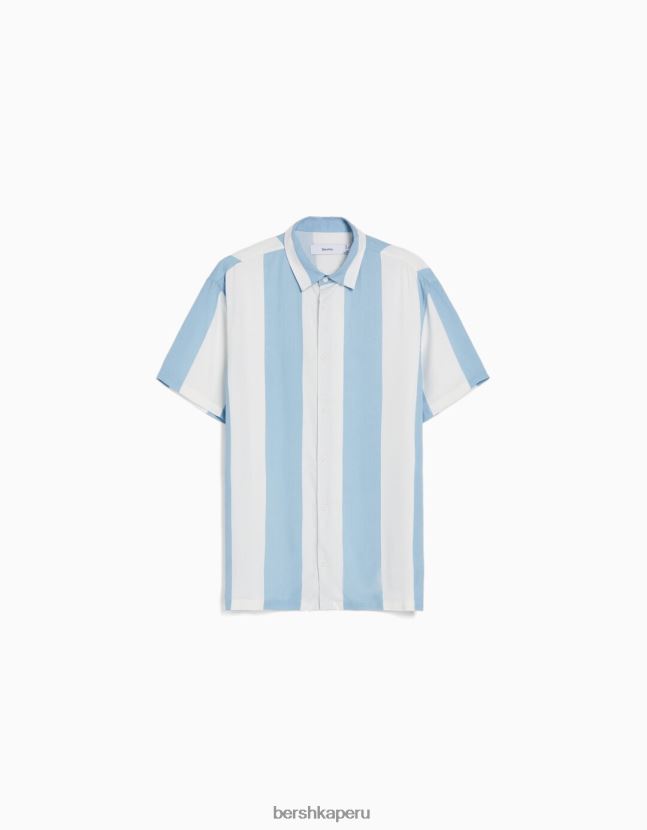 azul claro Bershka hombres camisa de sarga a rayas de manga corta 806J6B2929