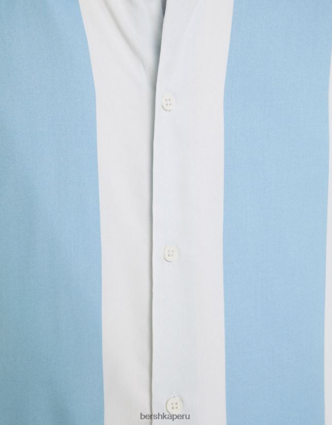azul claro Bershka hombres camisa de sarga a rayas de manga corta 806J6B2929