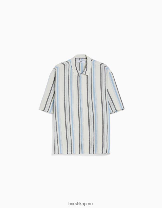azul claro Bershka hombres camisa rústica de manga corta a rayas de corte relajado 806J6B2909