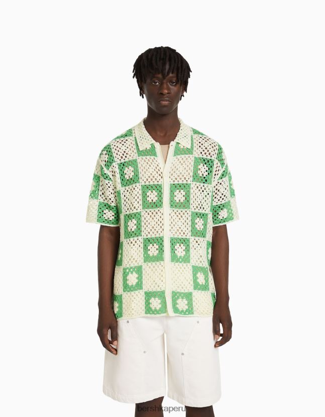 blanco Bershka hombres camisa crochet rustico manga corta 806J6B2865