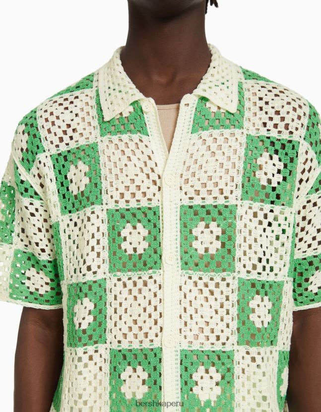 blanco Bershka hombres camisa crochet rustico manga corta 806J6B2865